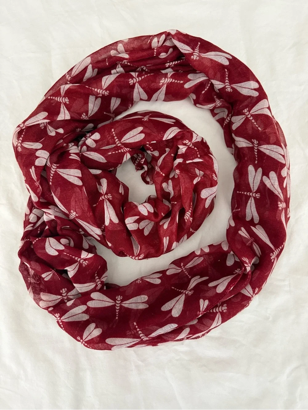 Charming Charlie Red Dragonfly Print Lightweight Infinity Scarf Earthy One Size